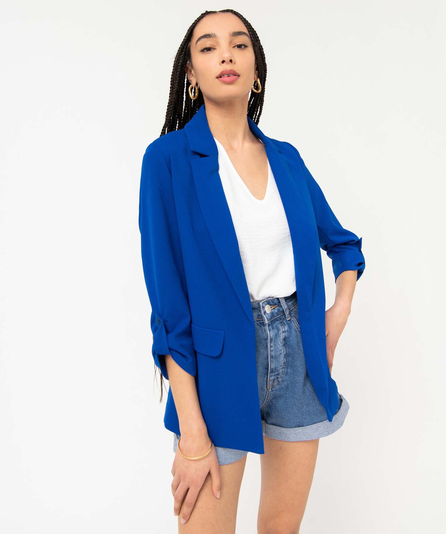 Veste droite en maille stretch manches 3/4 unie femme bleu | GEMO