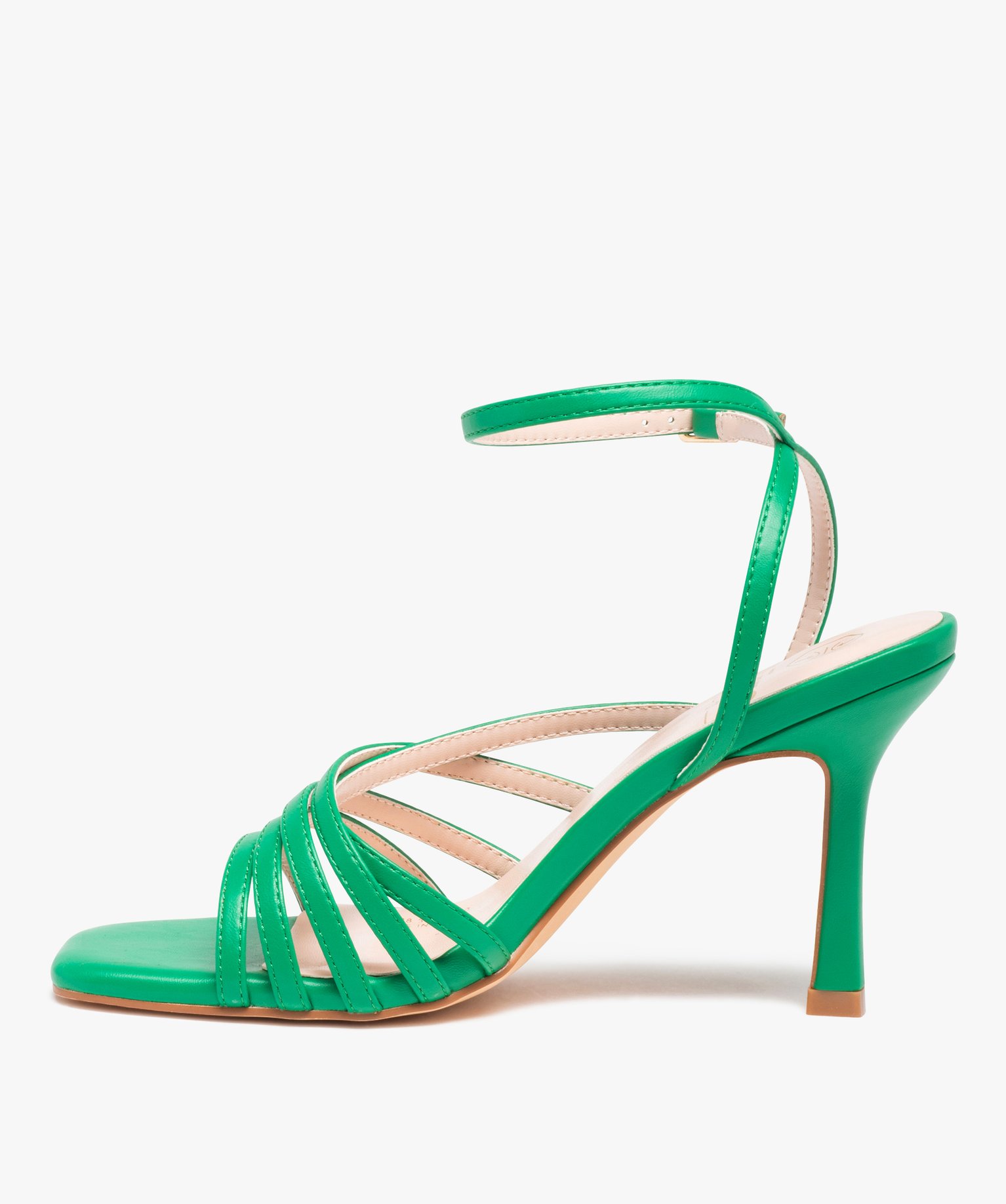 Sandales femme à talon aiguille dessus fines brides unies vert | GEMO