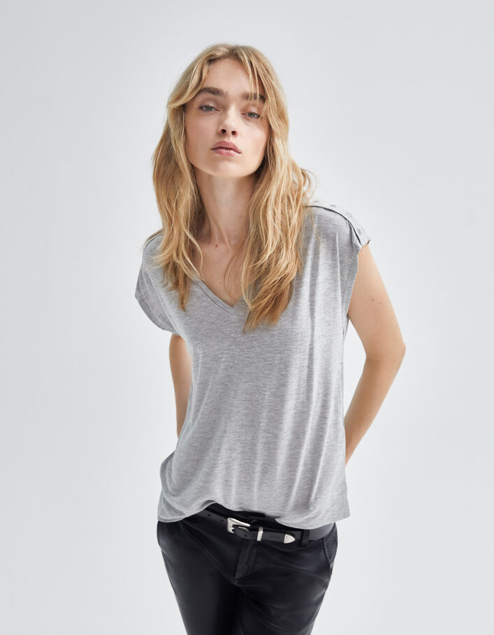Tee-shirt gris chiné lurex épaules cloutées Femme