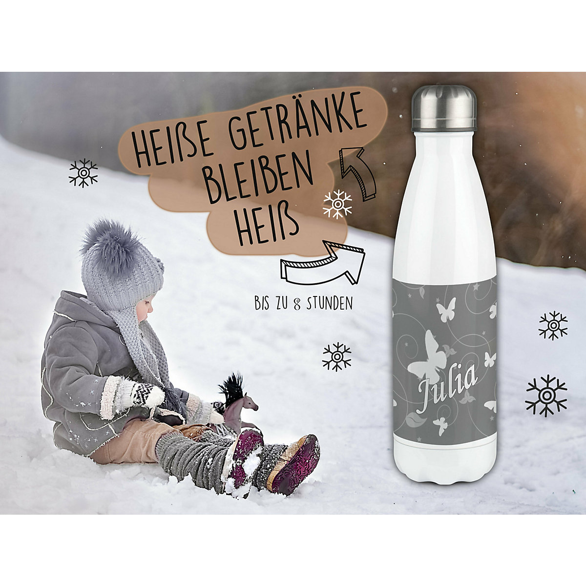 Edelstahl Kinder Thermoflasche / Trinkflasche bunt Schmetterling Ornamente Farbe grau Spülmaschinenfest, Auslaufsicher, Bruchfest, Doppelwandig, Für Heißgetränke geeignet, Mit Deckel, Isoliert