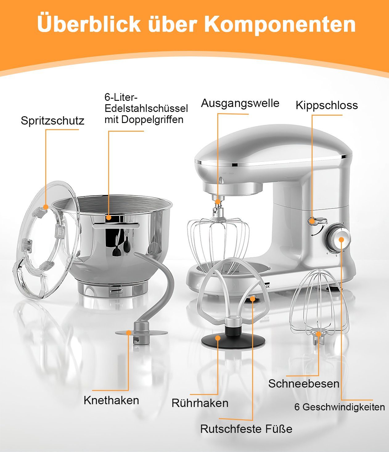 Mutoy Küchenmaschine Knetmaschine, 1400,00 W, 6,00 l Schüssel, 6 Geschwindigkeiten Geräuscharme Teigknetmaschine