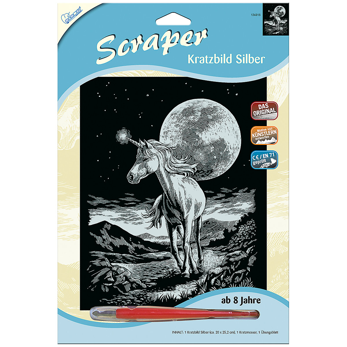 Kratzbild Scraper Einhorn, silber