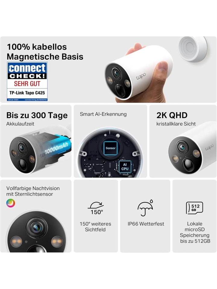 TP-Link Tapo C425 Außenkamera Akku mit Magnetischer Basis, 2K 10000-mAh-Akku günstig kaufen onesize