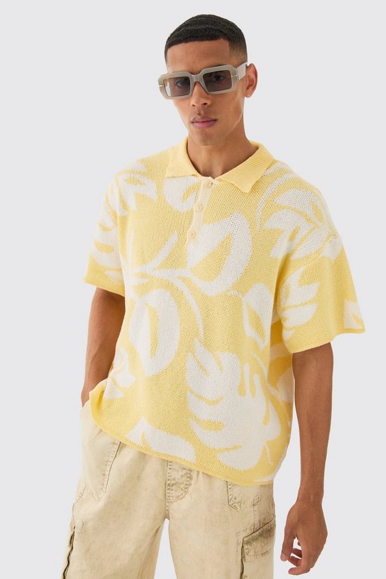Oversized Boxy Tonal Jacquard Floral Knit Polo