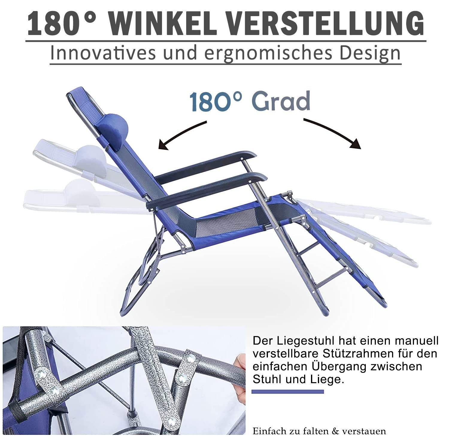 KAHOO Gartenliege Faltbare Sonnenliege, 62x18x97cm, bis 118kg, mit Kopfkissen