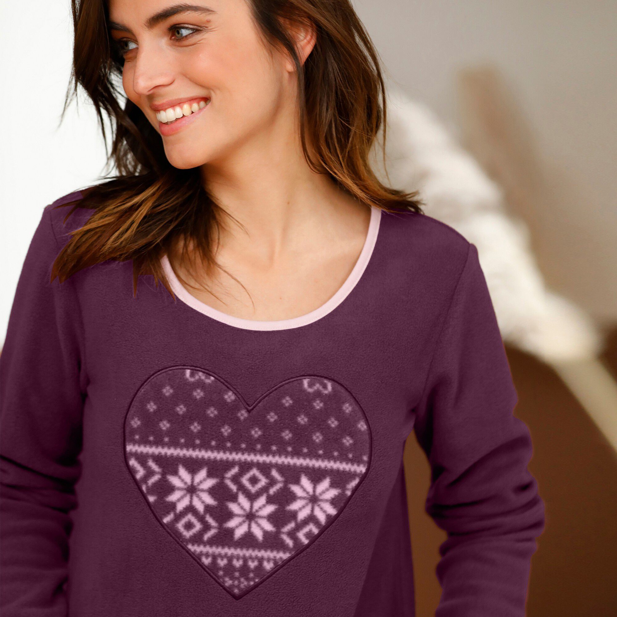 Chemise de nuit polaire imprimé coeur manches longues