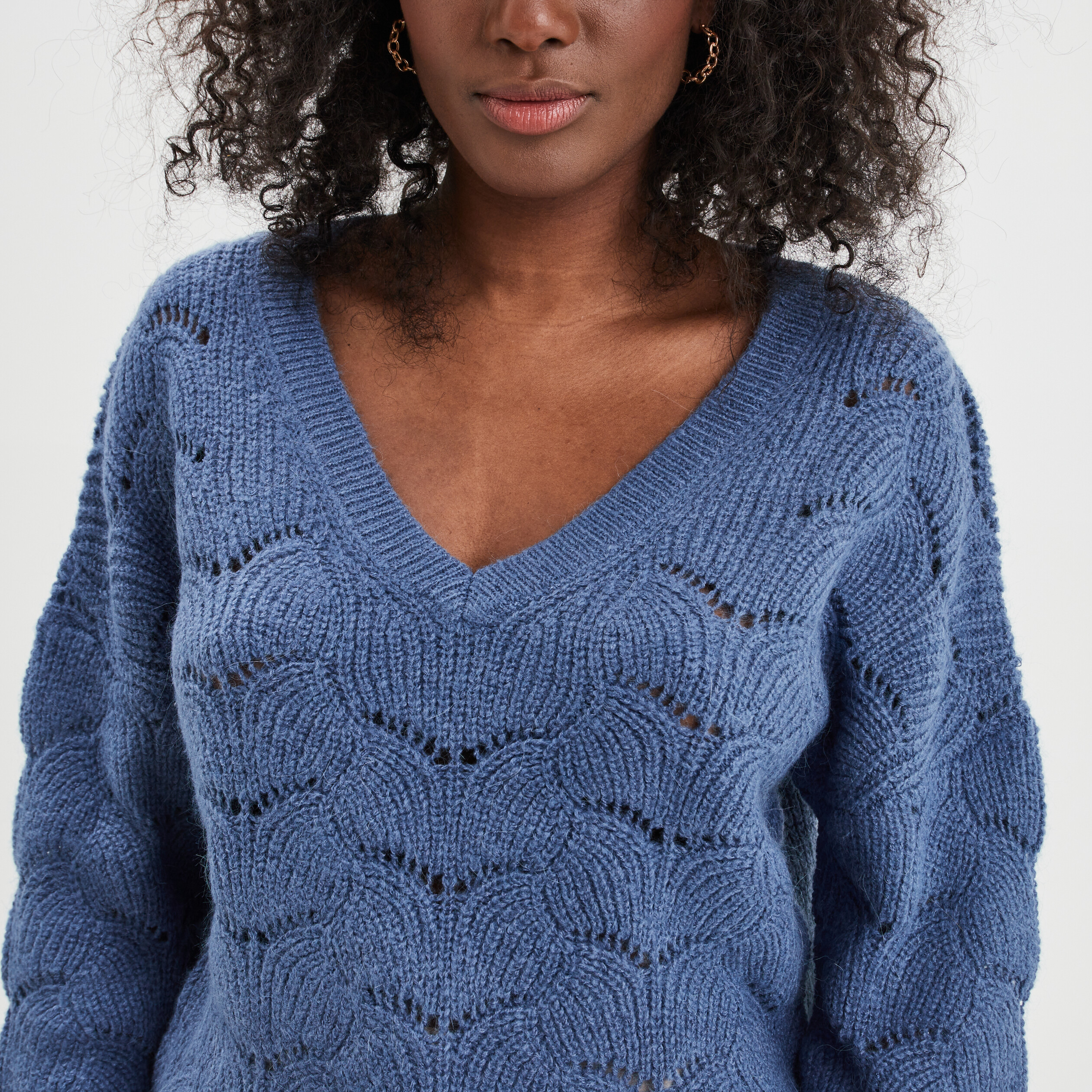 Pull ajouré devant col en V bleu gris femme | La Halle