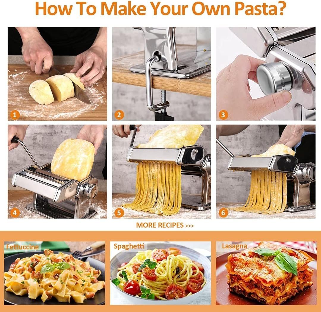 Mutoy Nudelmaschine Nudelmaschine,Pasta Maker-Schneidemaschine,6 verstellbare Dicke, Für perfekte Spaghetti oder Fettuccini, aus Legierter Stahl, Manuell