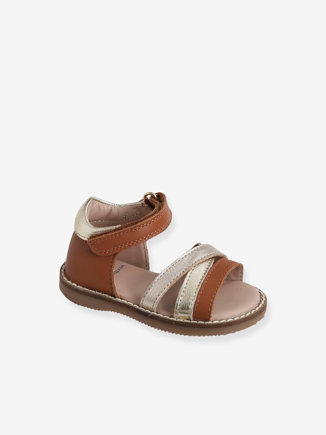 Sandales scratchées en cuir bébé cognac