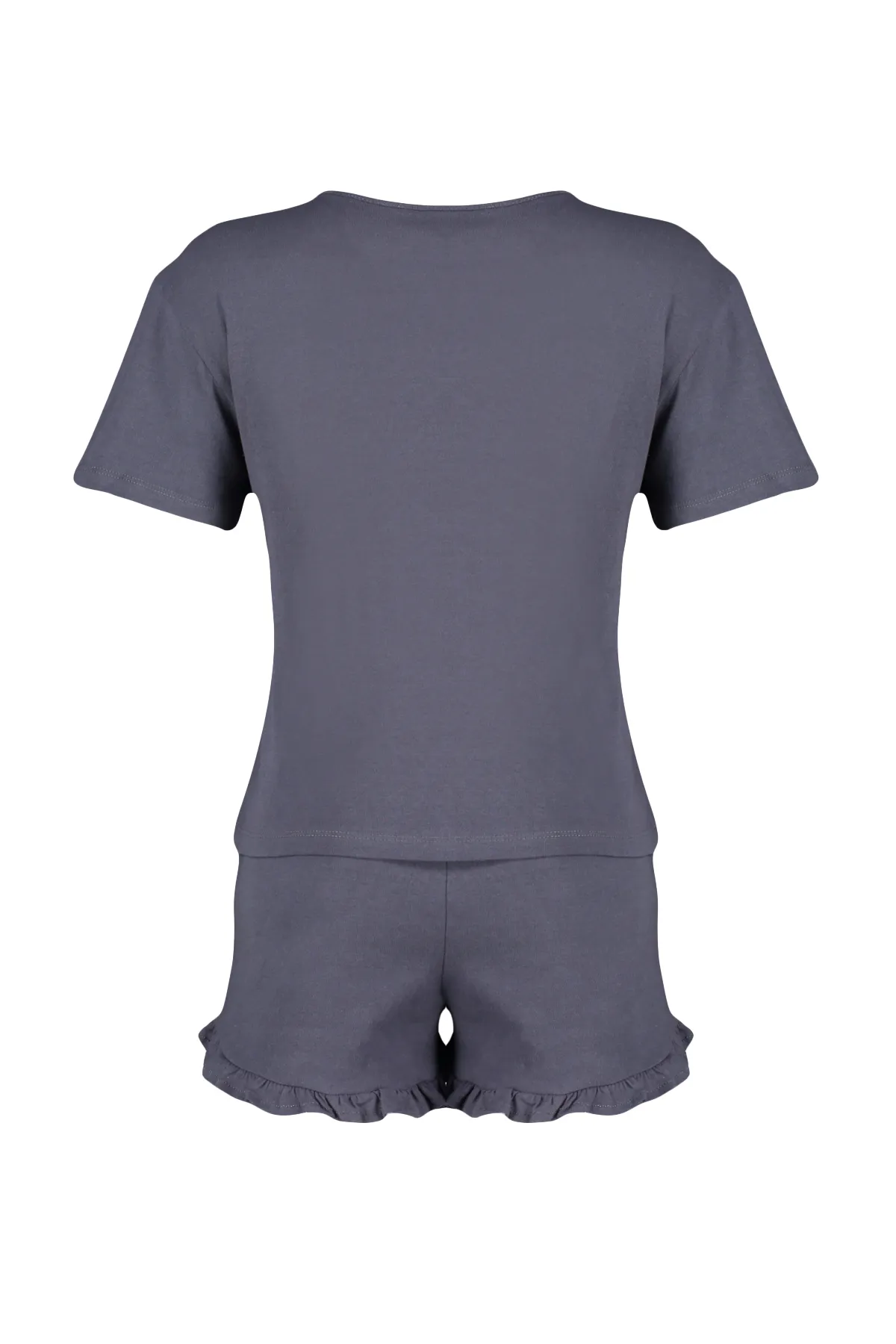 Trendyol Collection  Anthrazitfarbenes Pyjama-Set aus T-Shirt und Shorts aus 100 % Baumwolle mit bestickten Rüschendetails THMSS20PT0165