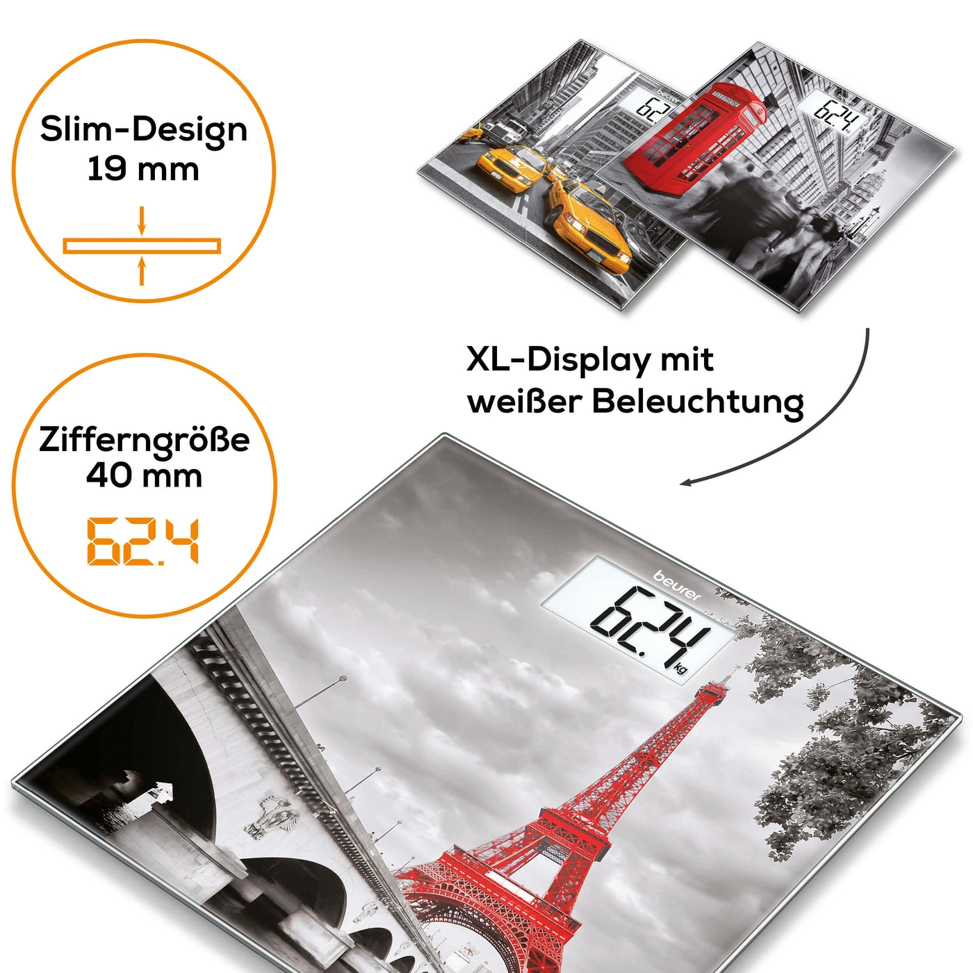 Beurer Glaswaage GS 203 Paris-Personenwaage aus Glas mit beleuchtetem XL-Display - bis 150 kg