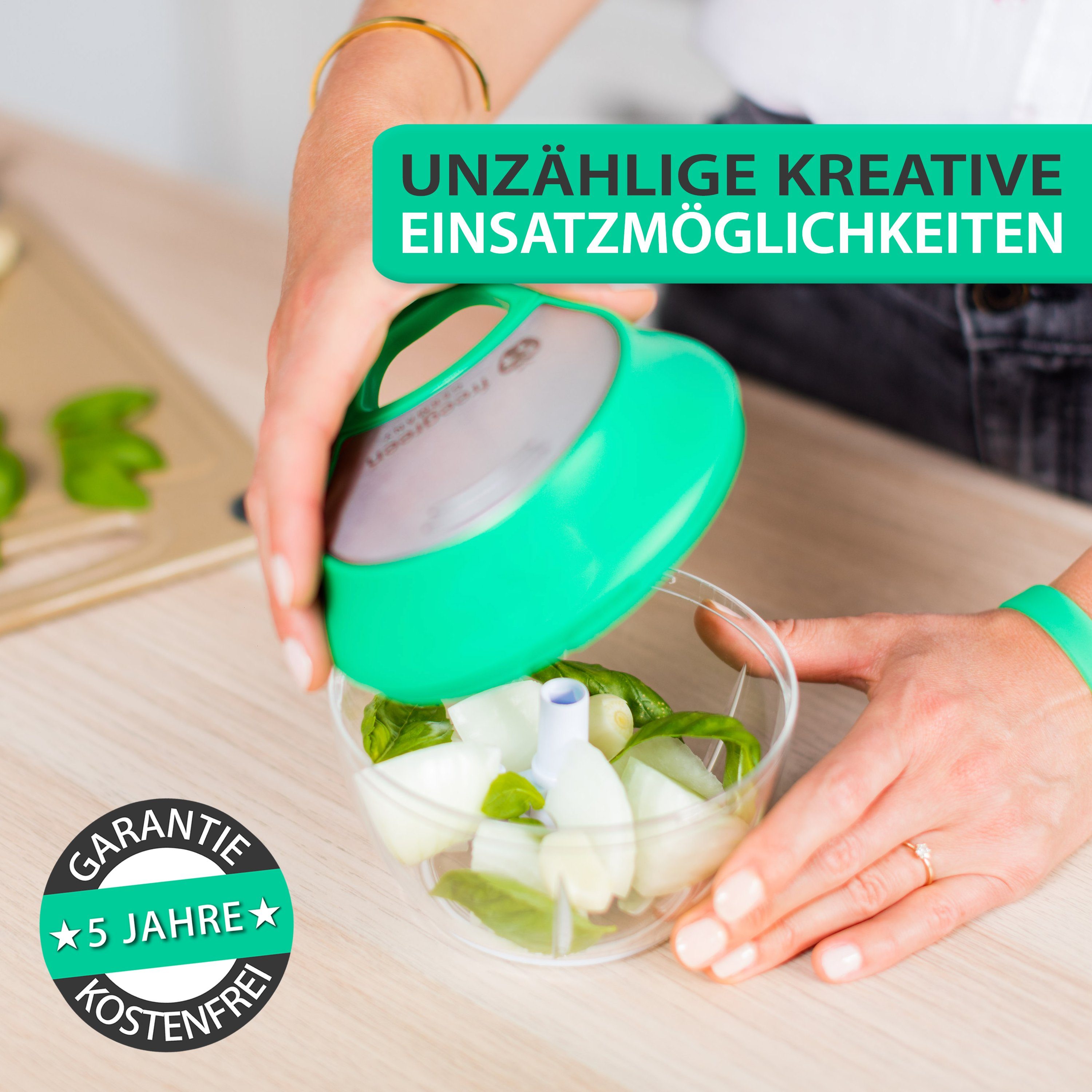 freegreen® Zwiebelhacker 540 ml, Multi-Zerkleinerer I Zwiebelschneider I Universalzerkleinerer, Edelstahl Gemüseschneider mit Mixer-Einsatz und Frischhaltedeckel