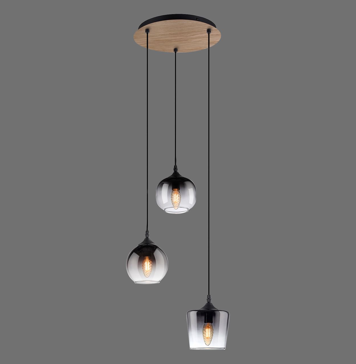 JUST LIGHT Pendelleuchte GREEN ZEA, 3x E14/25 Watt max., rauchfarbene Gläser, Holz-natur