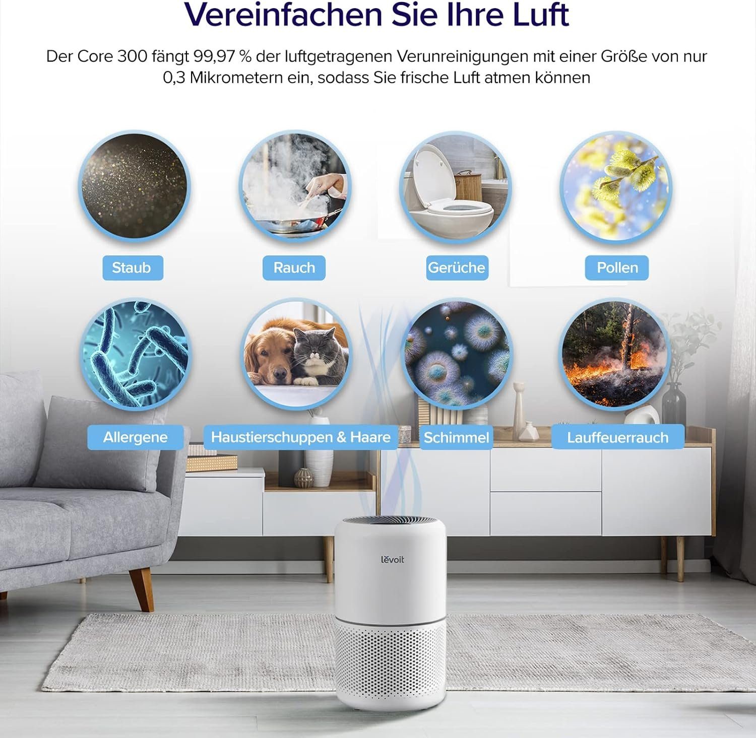 Levoit Luftreiniger HEPA Luftfilter für Allergiker, gegen Schimmel Staub Tierhaare, für 40 m² Räume, CADR 187m³/h Raucherzimmer, Timer leiser Schlafmodus 4 Ersatzfilter