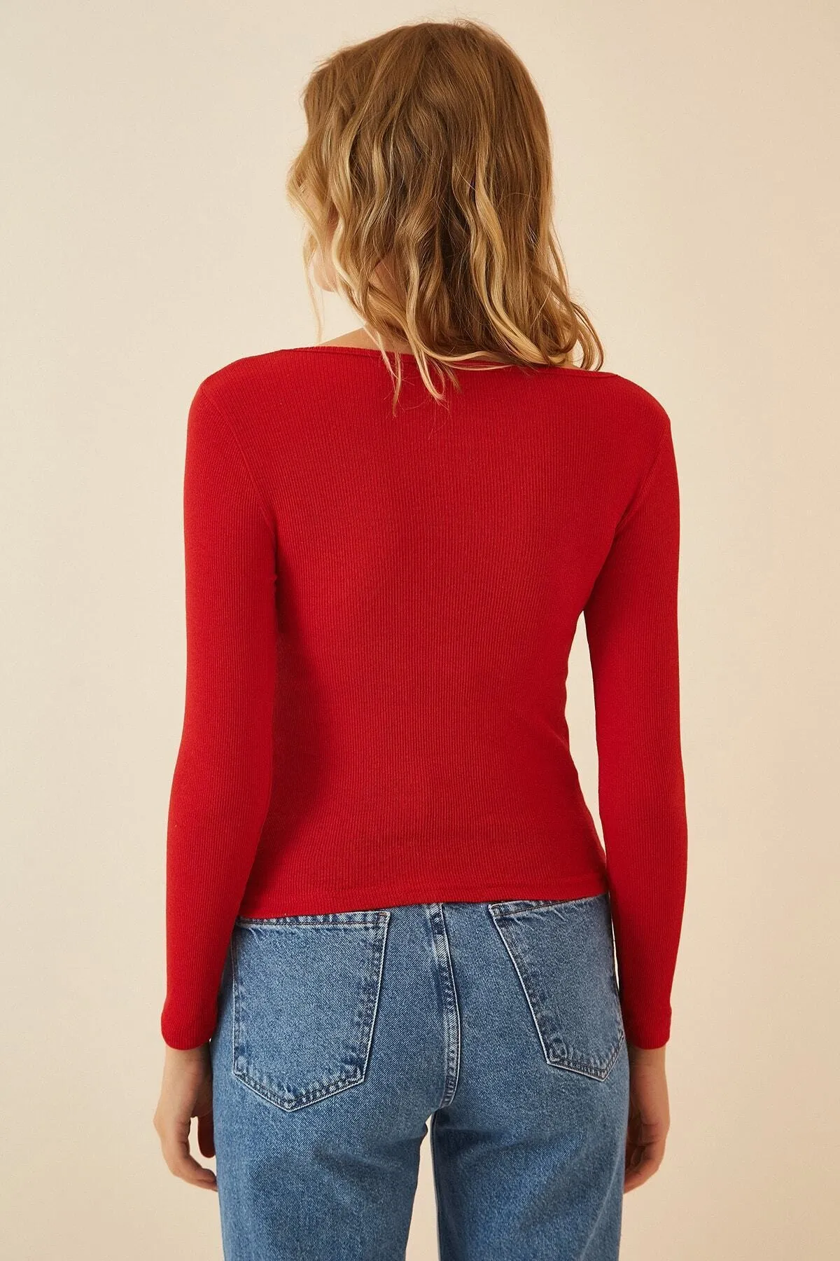 Happiness İstanbul  Rote Cord-Strickbluse mit quadratischem Kragen für Damen GT00052