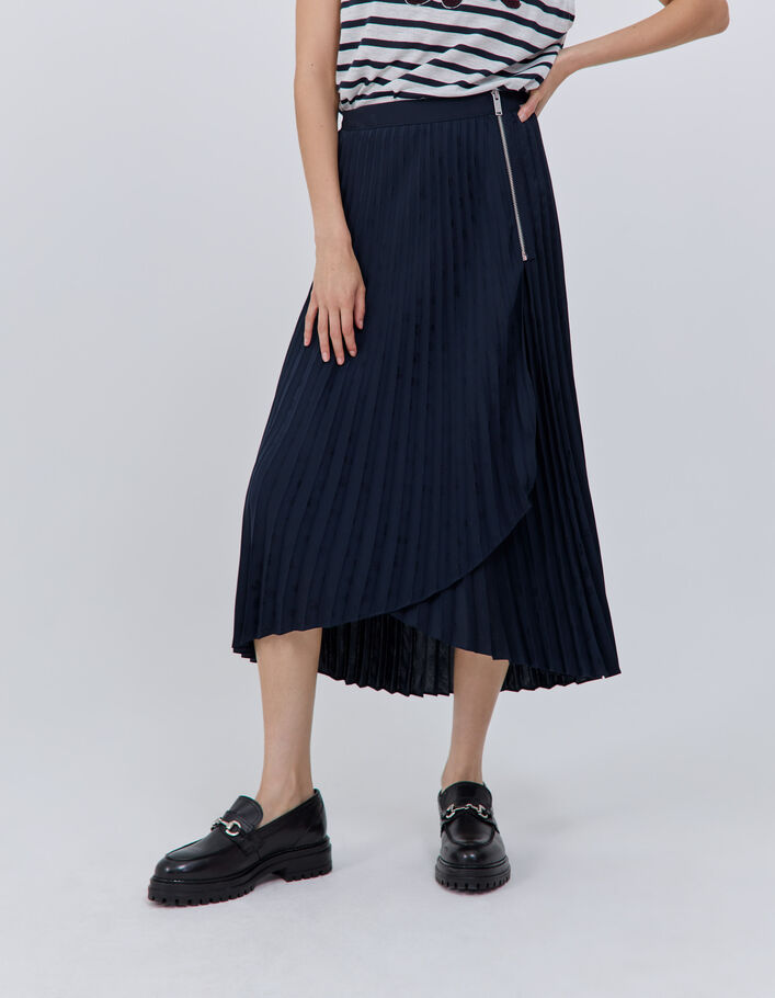 Jupe marine plissée jacquard motif têtes de mort Femme