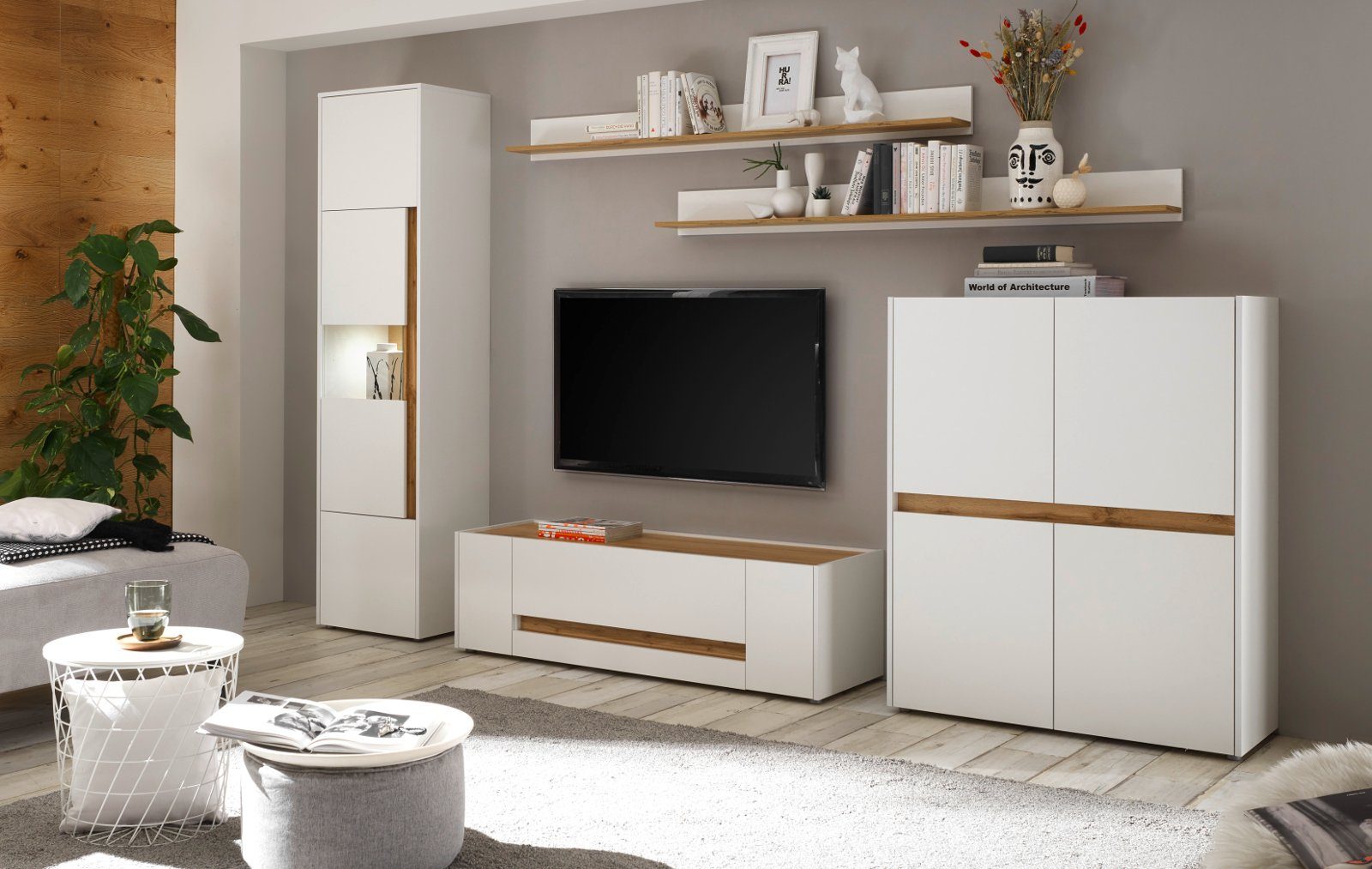 Furn.Design Wohnwand Center, (Wohnzimmer Set 5-teilig in weiß mit Wotan Eiche, 330 x 197 cm), 14 Stauraum-Fächer