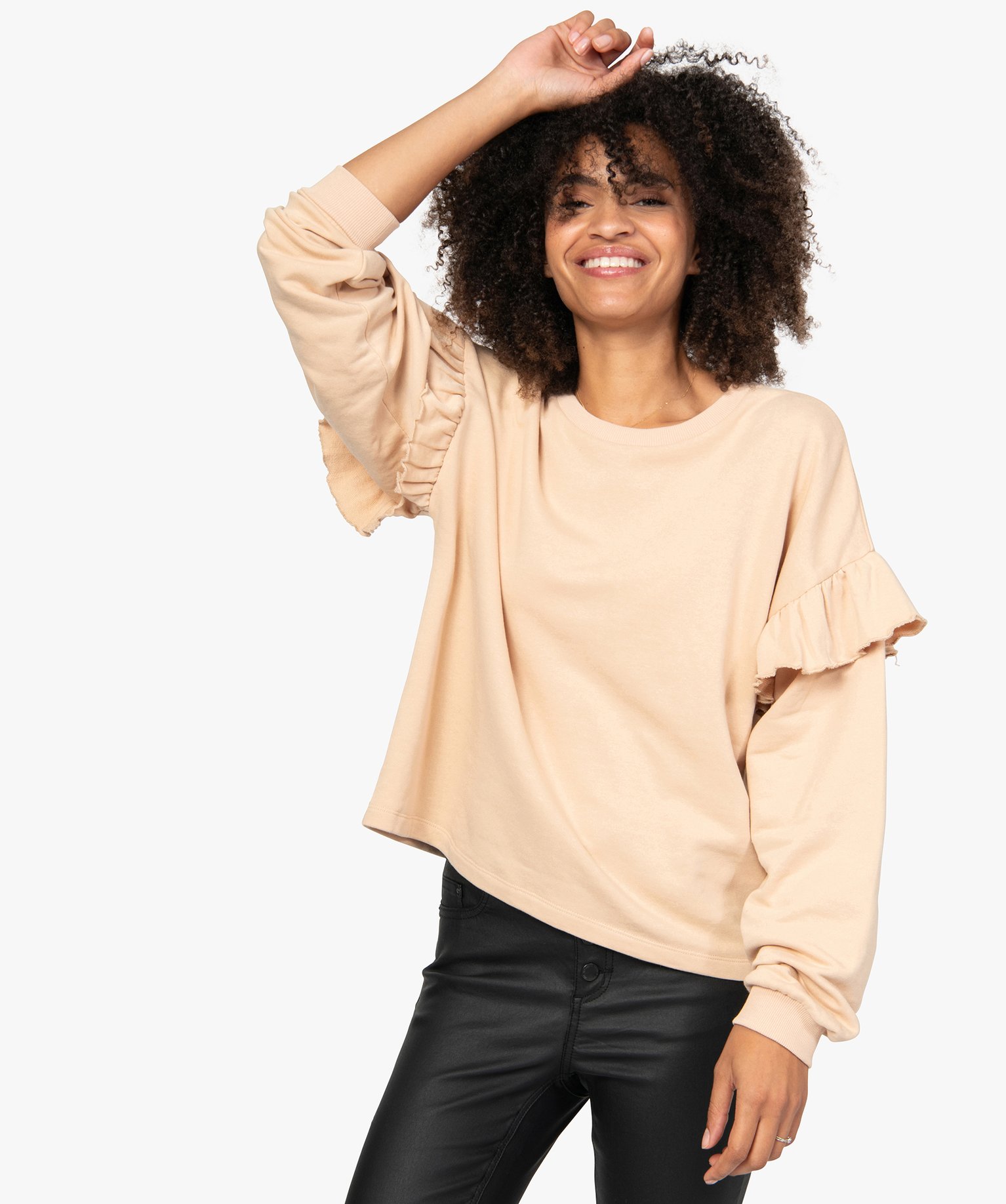 Sweat femme loose à manches volantées beige | GEMO