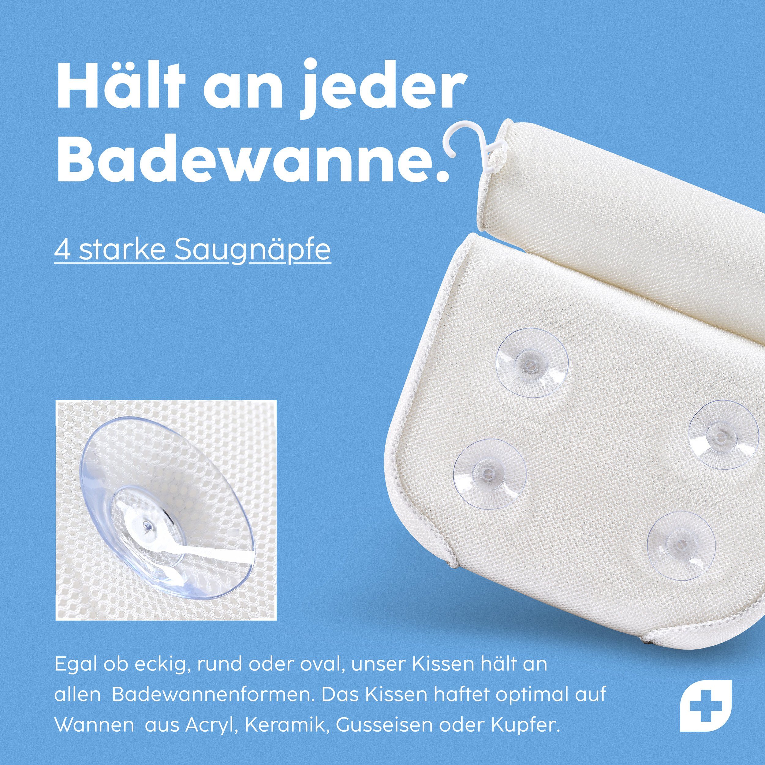 Nackenstützkissen Vesta+ Badewannenkissen XL mit Saugnäpfen und Haken, Badekissen Nackenkissen, Vesta+, Waschmaschinentauglich, Klimaneutral und nachhaltig, Badekissen Testsieger als Badewannenkissen Nacken & Nackenkissen Badewanne