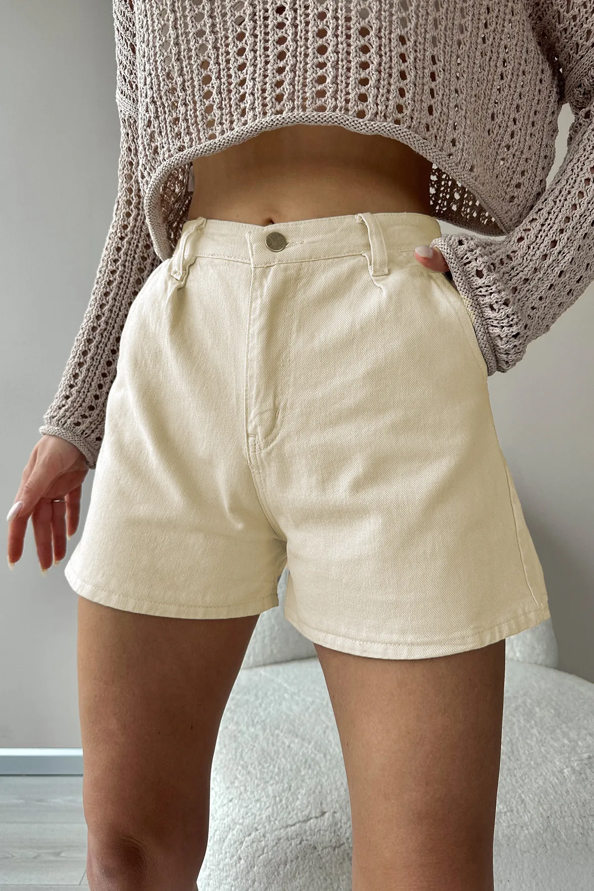 Trend Alaçatı Stili  Shorts - Beige - Mittlerer Bund
