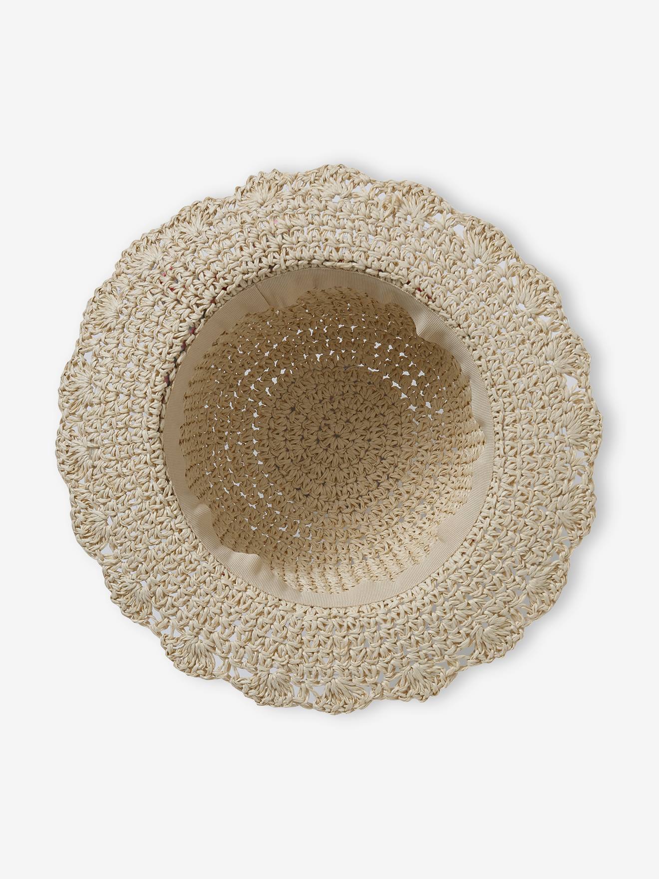 Chapeau aspect paille effet crochet avec ruban imprimé fille sable