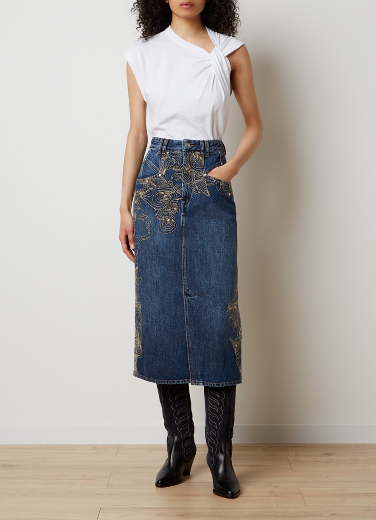 Jupe midi en denim Isabel Marant Dipoma avec broderie et fente