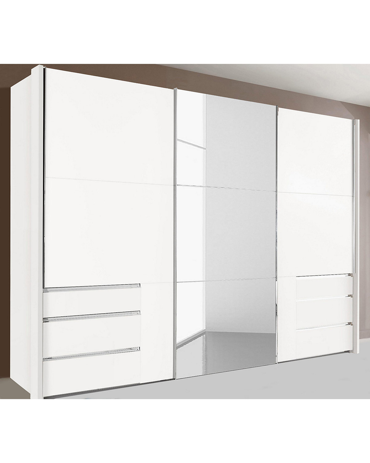 Schwebetürenschrank Level Schlafzimmerschrank 300x65x236cm 3-türig weiß Spiegel