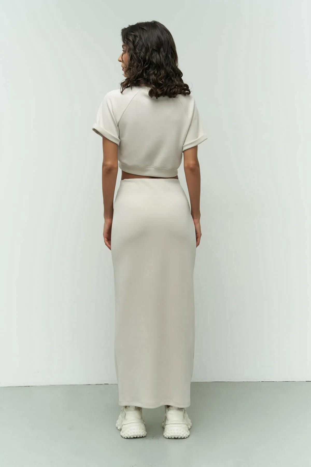 MAİ COLLECTİON  Paloma Beige Crop-Rock-Set