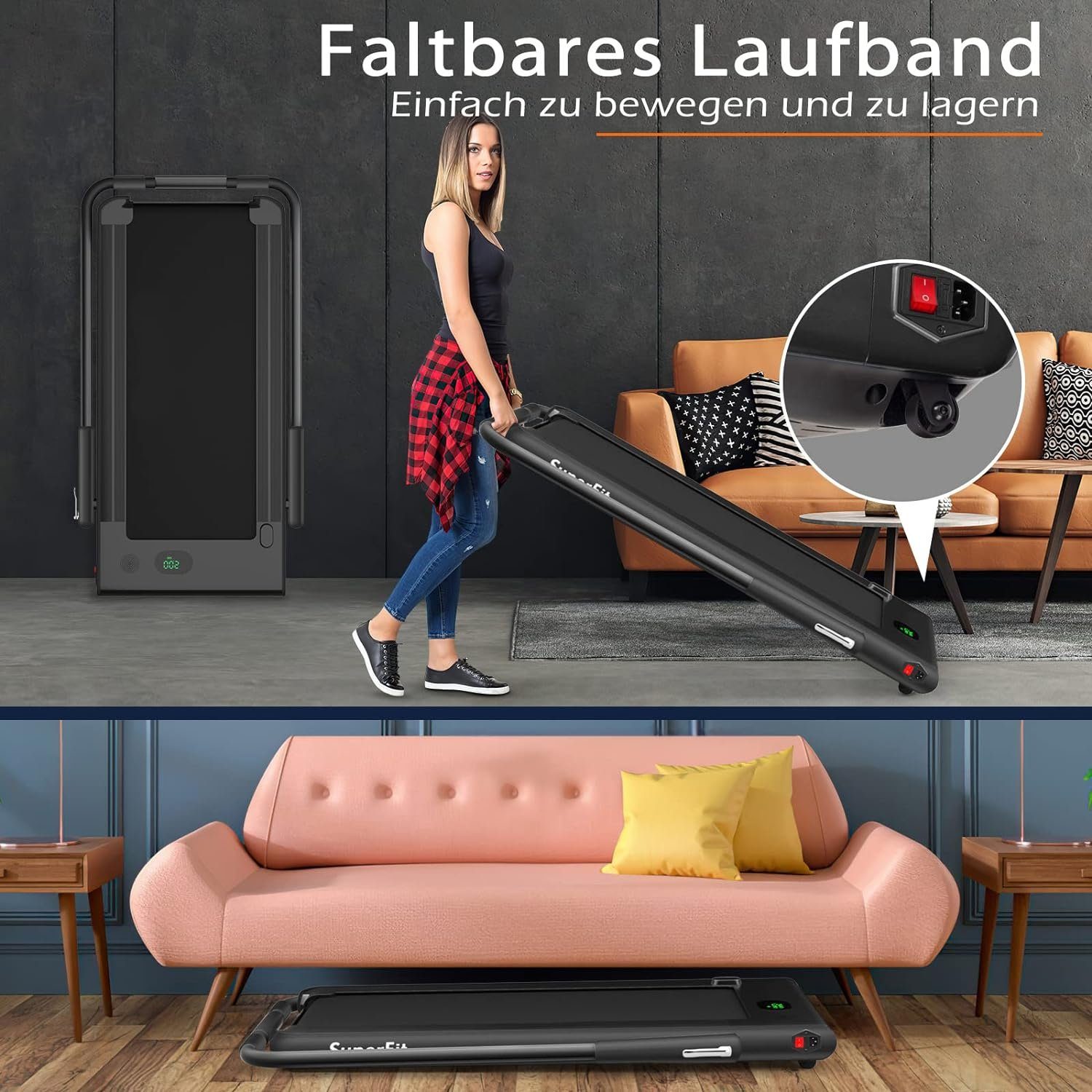 COSTWAY Laufband (2 in 1 Laufband klappbar 2,25HP, Walking Pad unter dem Schreibtisch), mit APP, Bluetooth und Fernbedienung, 1-12 km/h, Laufband für Zuhause