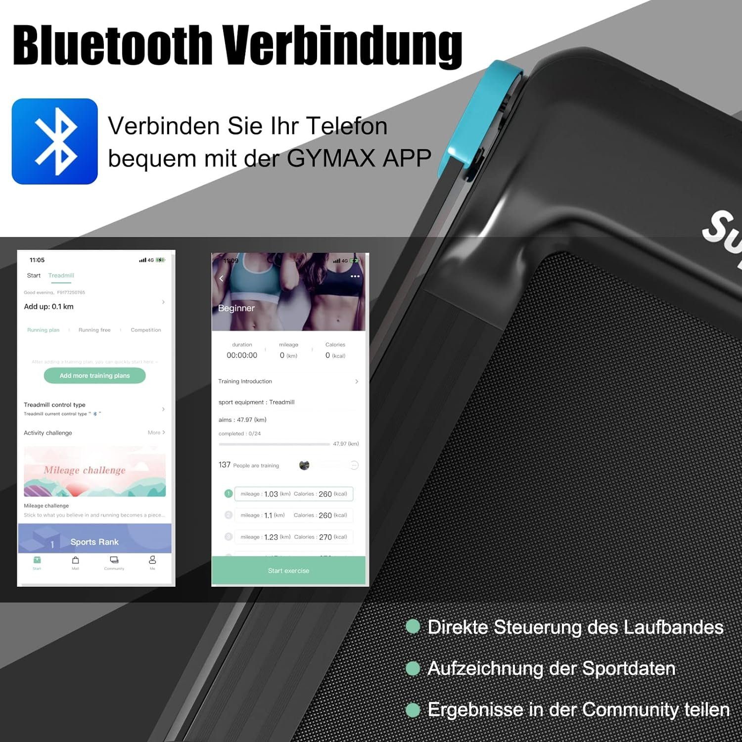COSTWAY Laufband (klappbar Treadmil, Elektrisches Zuhause 0,75 HP Elektromotor 3 Modi), LED Display Geschwindigkeit 0-12 km/h App-kontrolliert mit Bluetooth