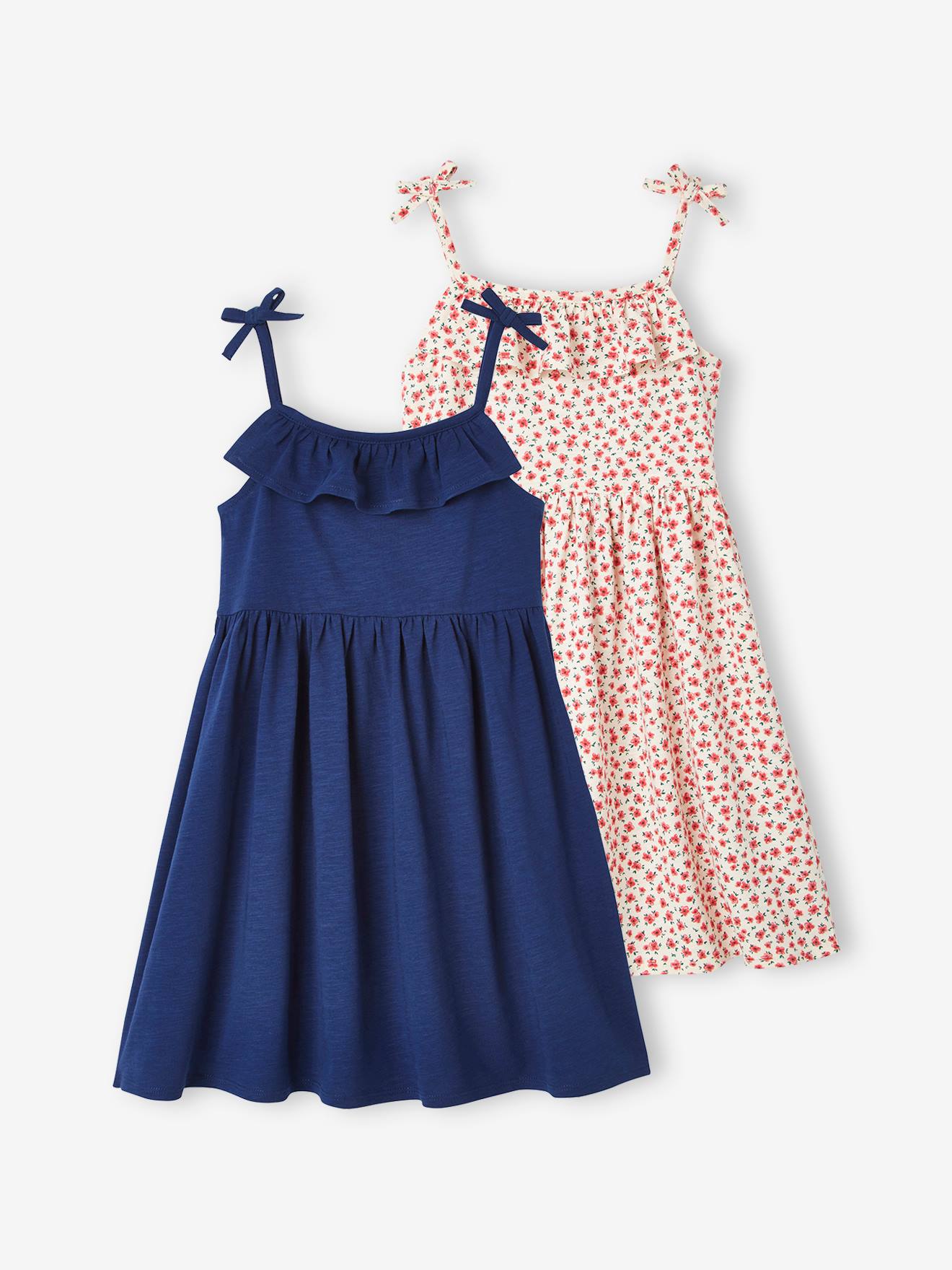 Lot de 2 robes Basics à bretelles fille 1 imprimée + 1 unie lot bleu/imprimé fleurs roses