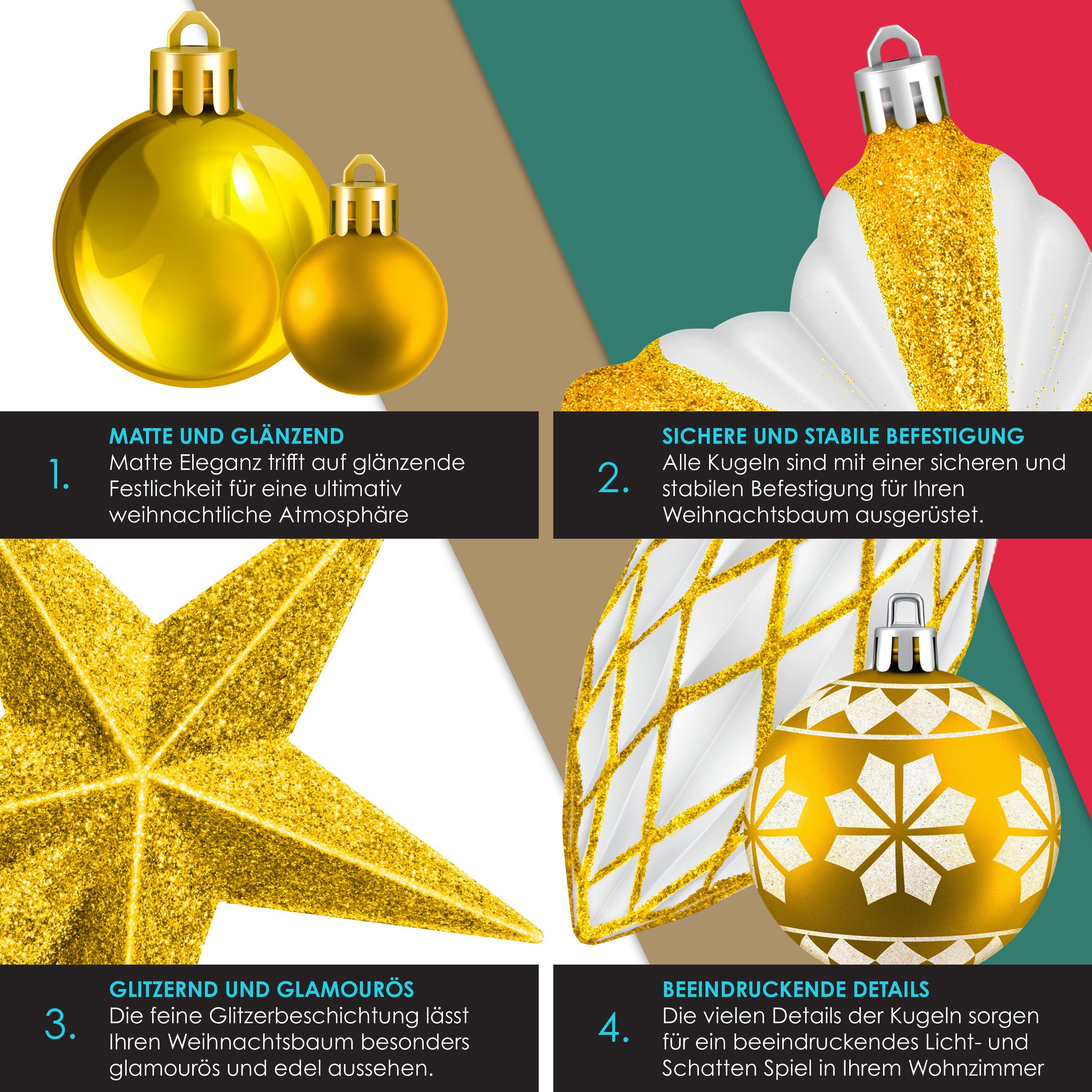 KESSER Christbaumschmuck (135-tlg), Weihnachtskugeln 105-teiliges Set Baumspitze Christbaumkugeln