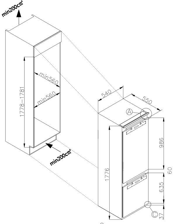 Amica Einbaukühlgefrierkombination EKGCX 387 901, 177,6 cm hoch, 54 cm breit
