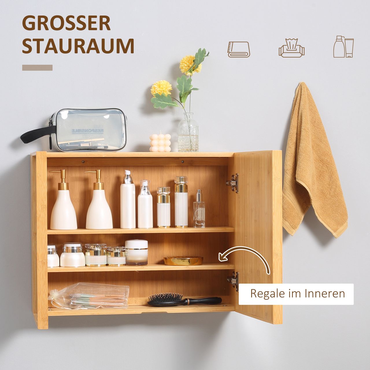 kleankin Spiegelschrank, Wandschrank mit 3 Innenböden, Hängeschrank aus Bambus