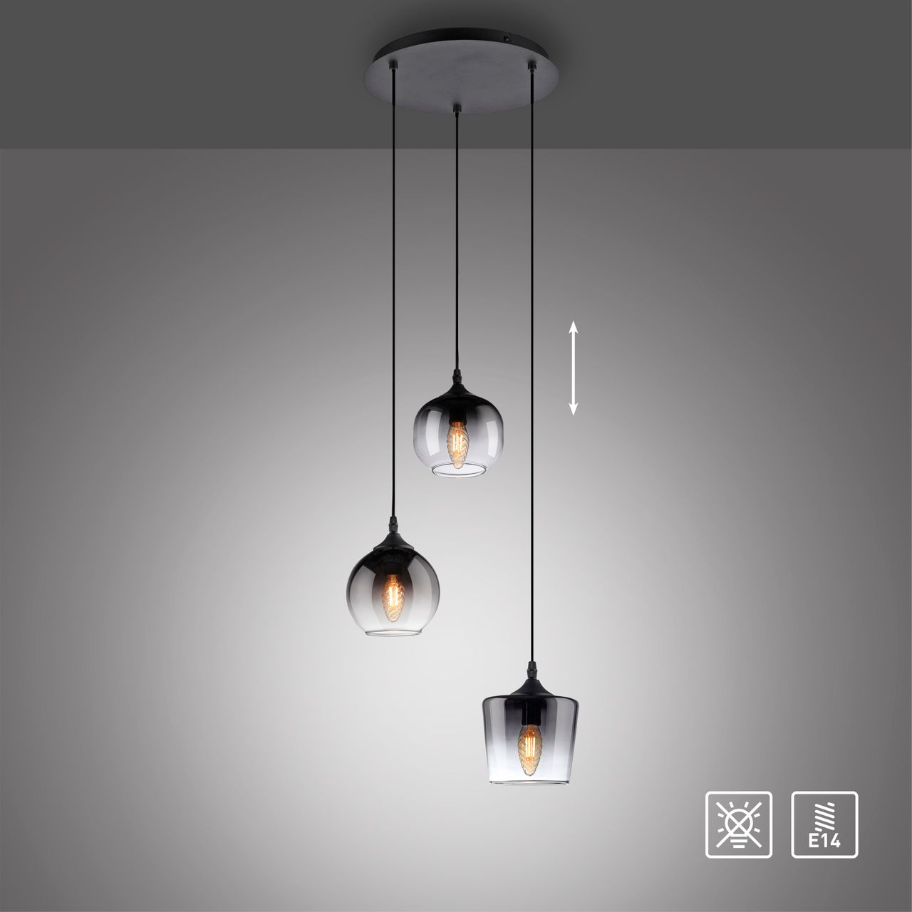 JUST LIGHT Pendelleuchte GREEN ZEA, 3x E14/25 Watt max., rauchfarbene Gläser, rund, Schwarz