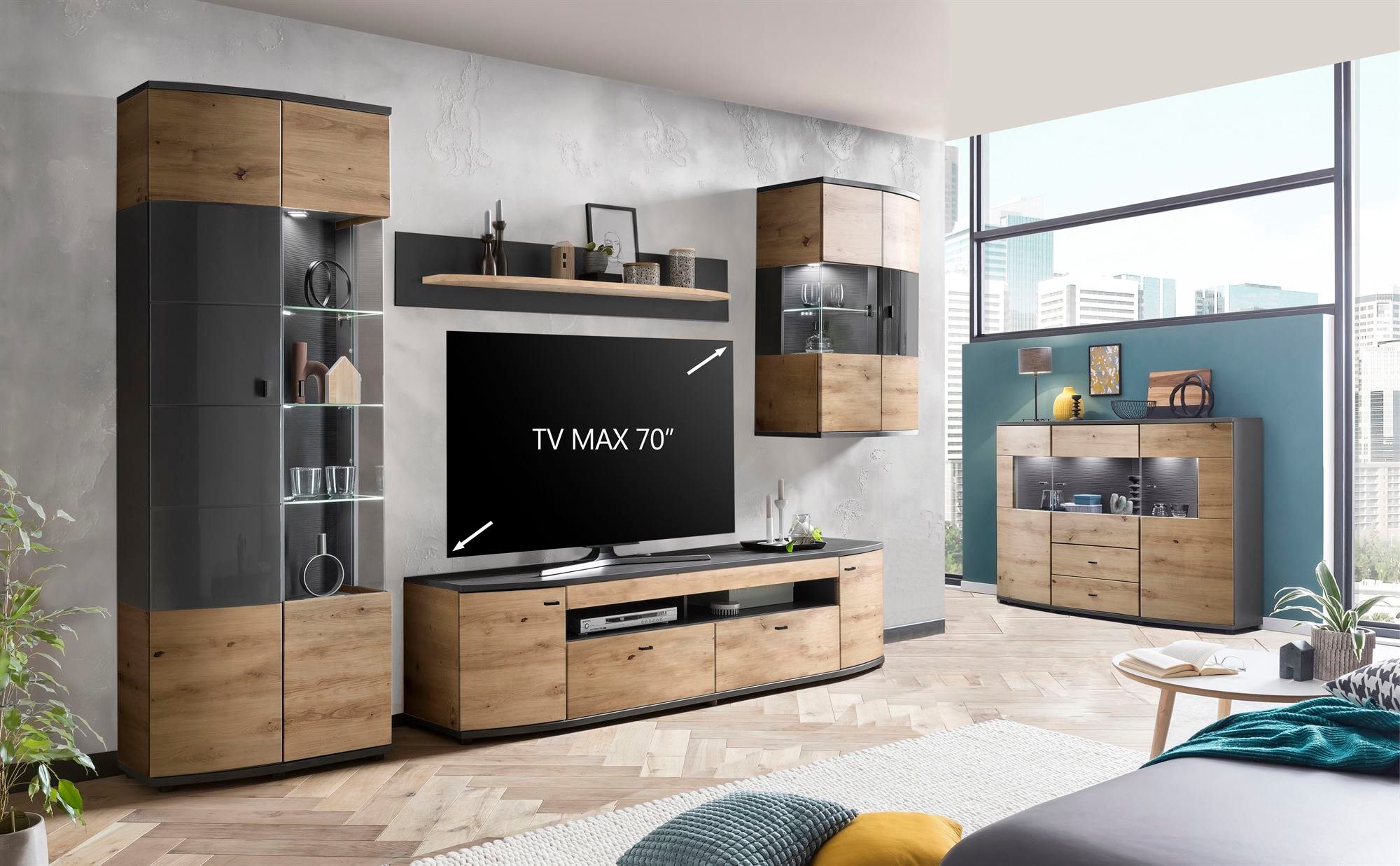 58 aufm Kessel Wohnwand Wohnwand Jacinthe 320x200x46 Eiche/Anthrazit/Anthrazit Hochglanz 10179, (Komplettset, 4-St), Türen mit Selbsteinzug und Dämpfung