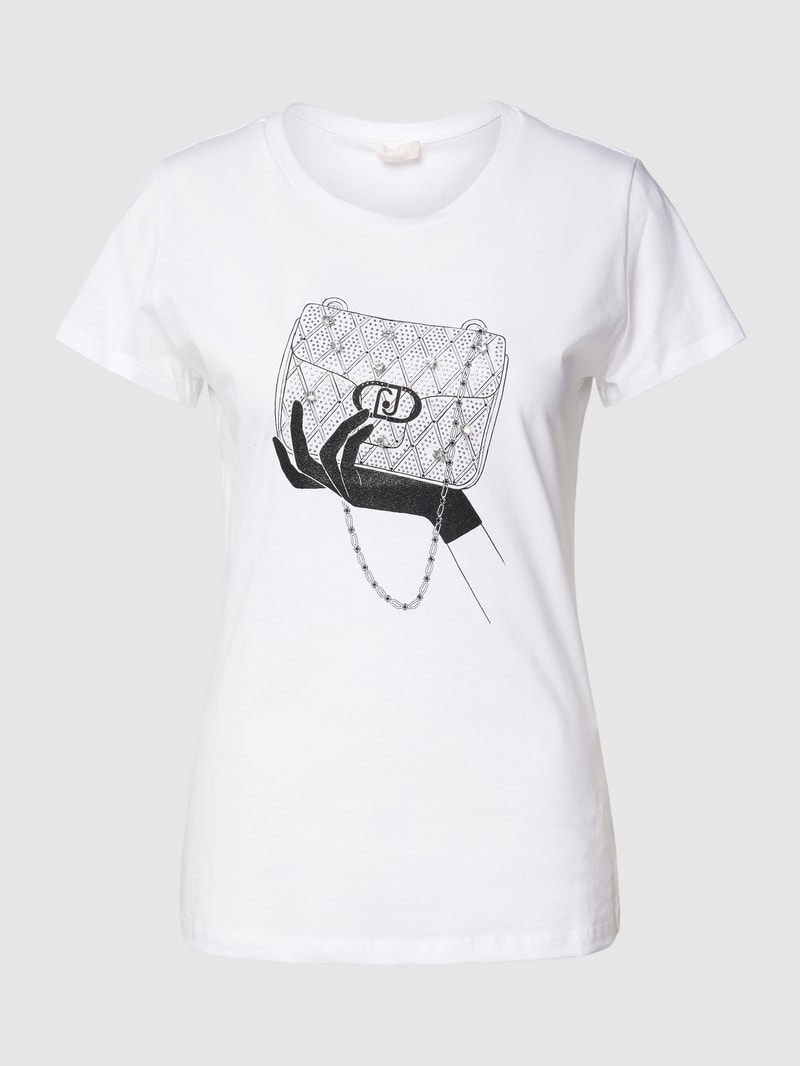 T-Shirt mit Motiv-Print und Ziersteinbesatz in weiss