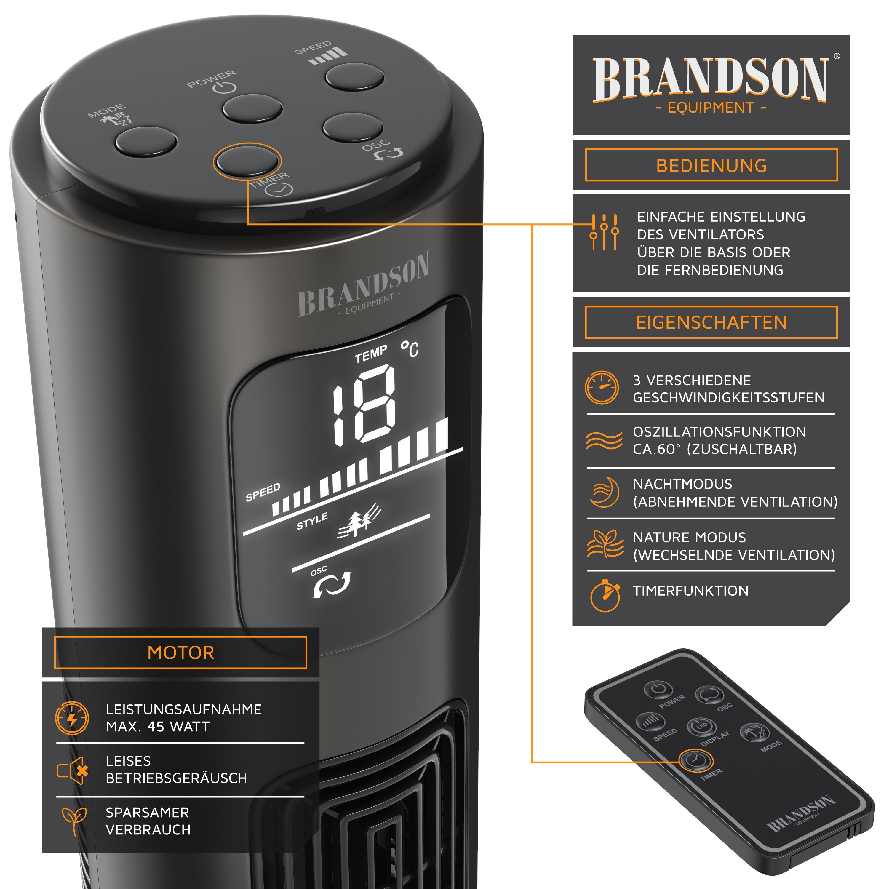Brandson Turmventilator, Oszillation 65°, Timer, Fernbedienung, Standventilator 96cm, Aschgrau