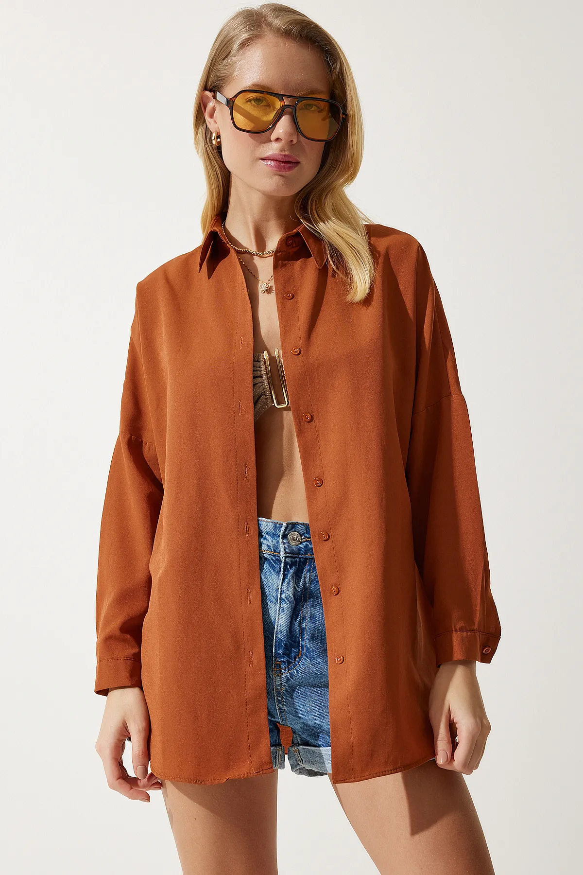 Happiness İstanbul  Damen Oversized Long Basic Shirt Zimt DD00842
