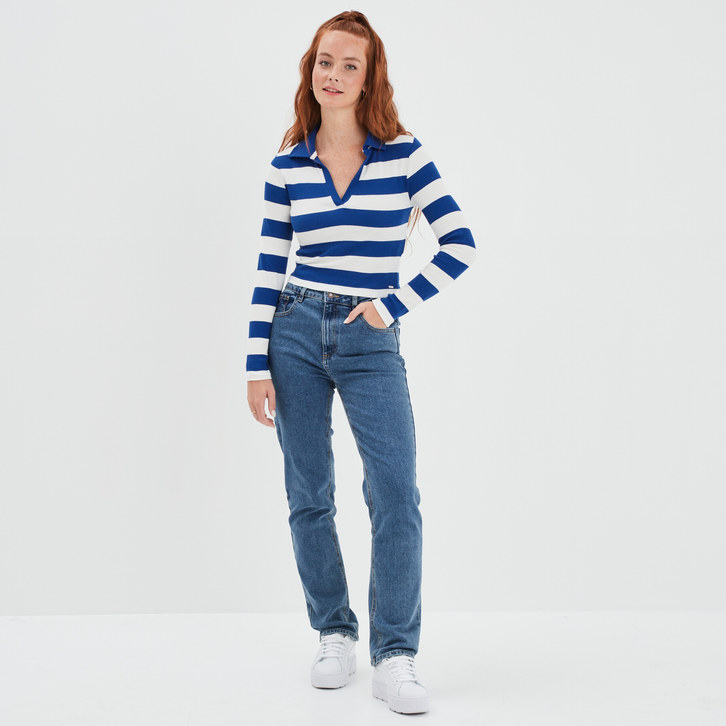 T-shirt court col polo côtelé Creeks bleu femme | La Halle