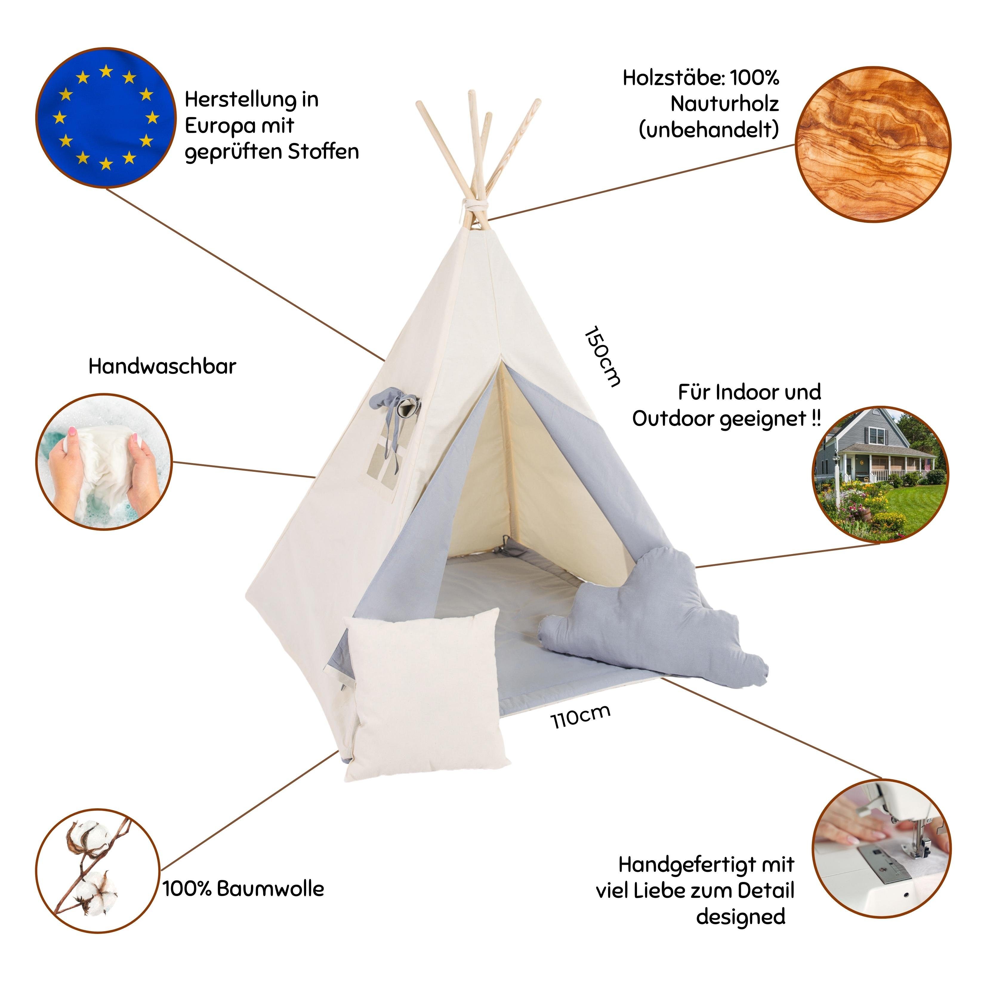 Rainbow Kids Tipi-Zelt Grauer Wolf, Personen: 2 (mit kleinem Zubehör, 4 tlg., mit 2 Kissen und Matte)