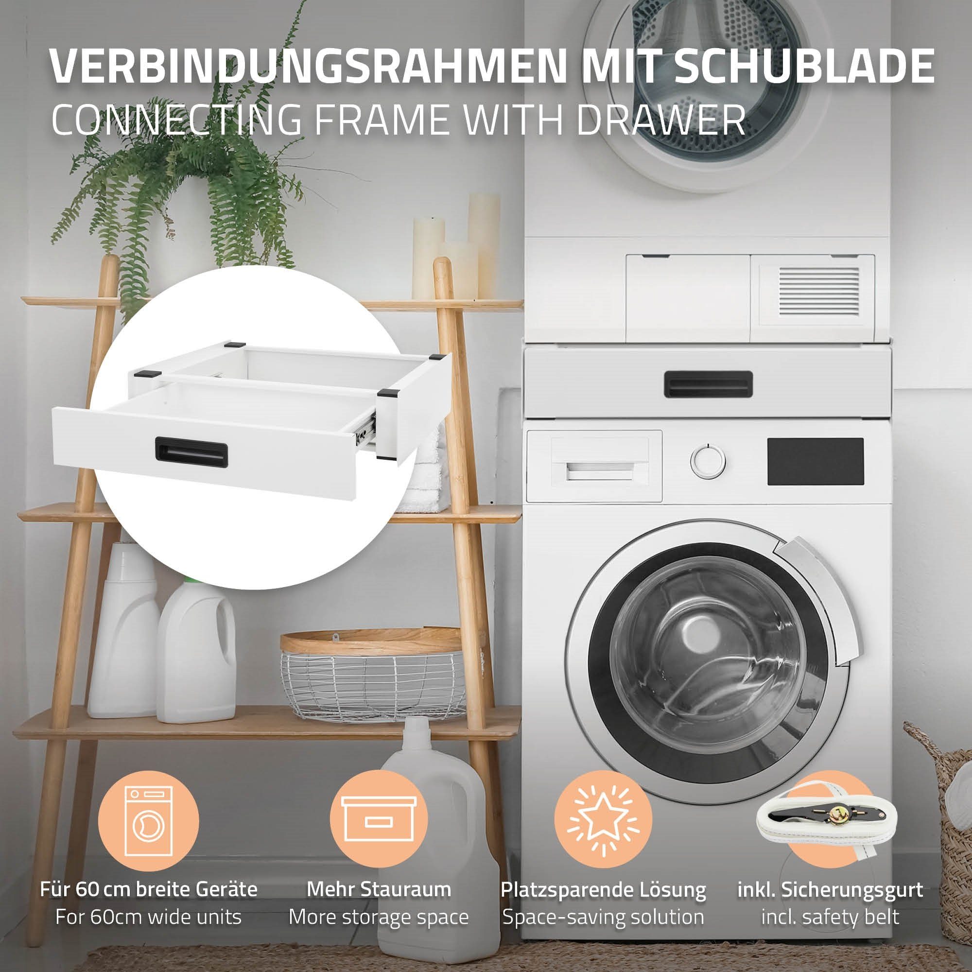 ML-DESIGN Waschmaschinenuntergestell Verbindungsrahmen Waschmaschine und Trockner Zwischenbausatz, Schublade Stahl 60x55cm Weiß rutschfest Universal