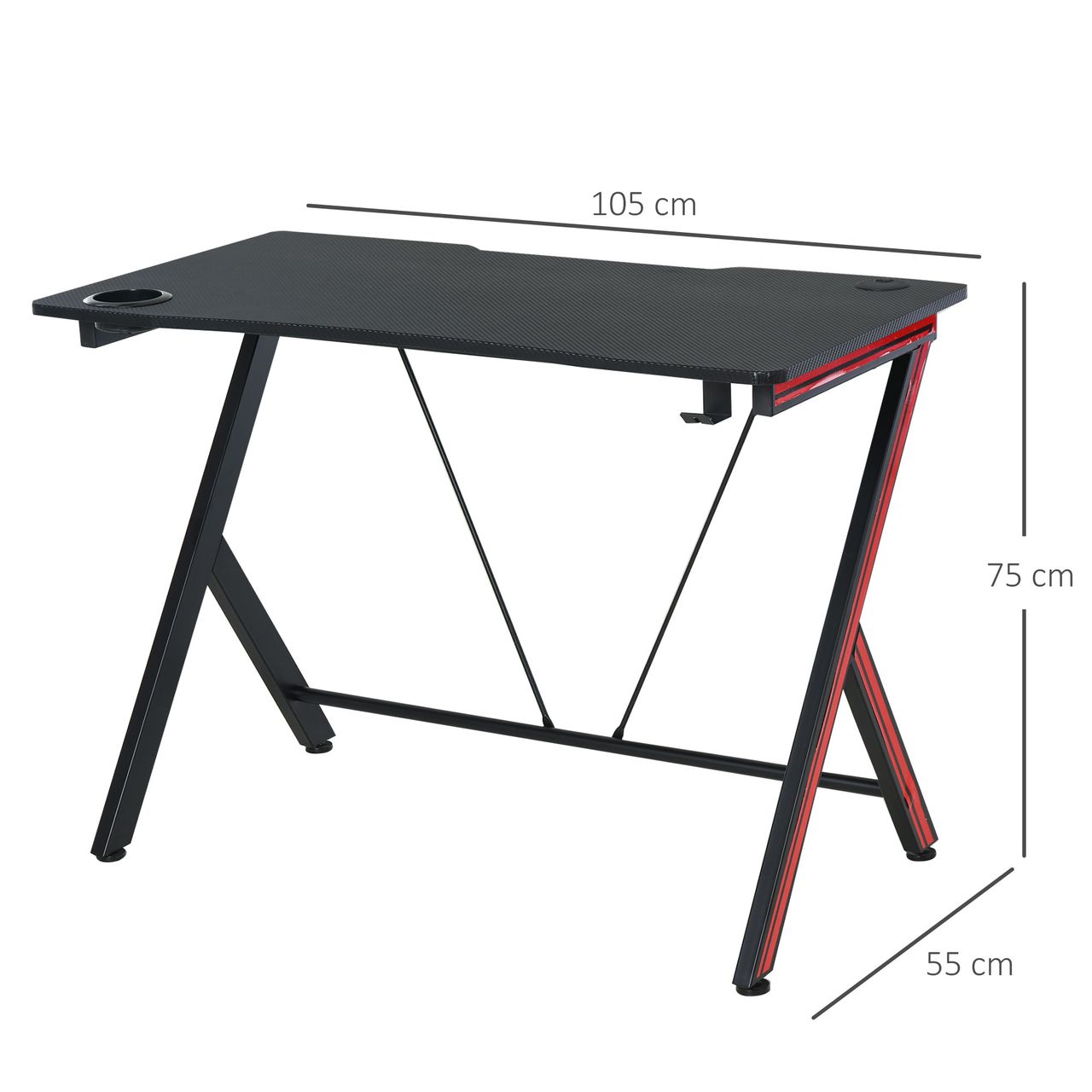 HOMCOM Gaming-Tisch Schreibtisch mit Kopfhörerhaken Getränkehalterung Computertisch Stahl   MDF Schwarz 105 x 55 x 75 cm
