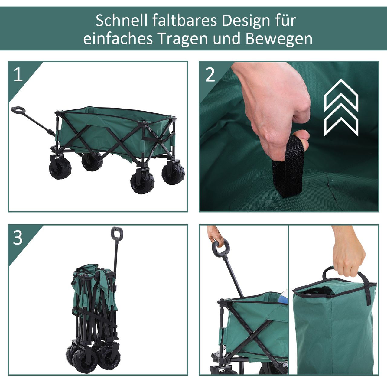 Outsunny Bollerwagen Faltbarer Handwagen 360° Gartenwagen Transportwagen mit Teleskop Griff Verstellbarer Griffhöhe Strandwagen bis 20 kg Tragkraft Metall Oxford Grün 108 x 53 x 59-89 cm