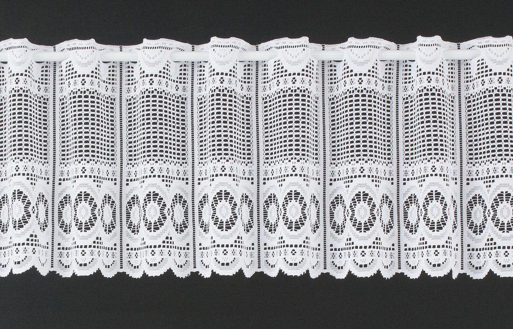 Scheibengardine nach Maß Jacquard gebogt Abschluss, Gardinen Kranzusch, Stangendurchzug (1 St), transparent, Kurzgardine, Stablöcher, transparent, verschiedene Höhen und Breiten