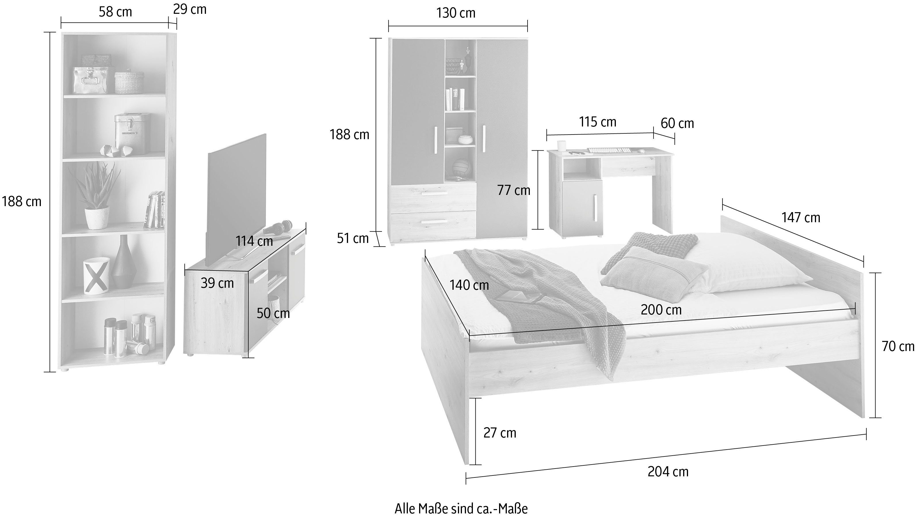 arthur berndt Jugendzimmer-Set Alessio, (Set, 5-St., Bett, Kleiderschrank, Schreibtisch, Standregal und TV-Lowboard), mit Melamin-Oberfläche