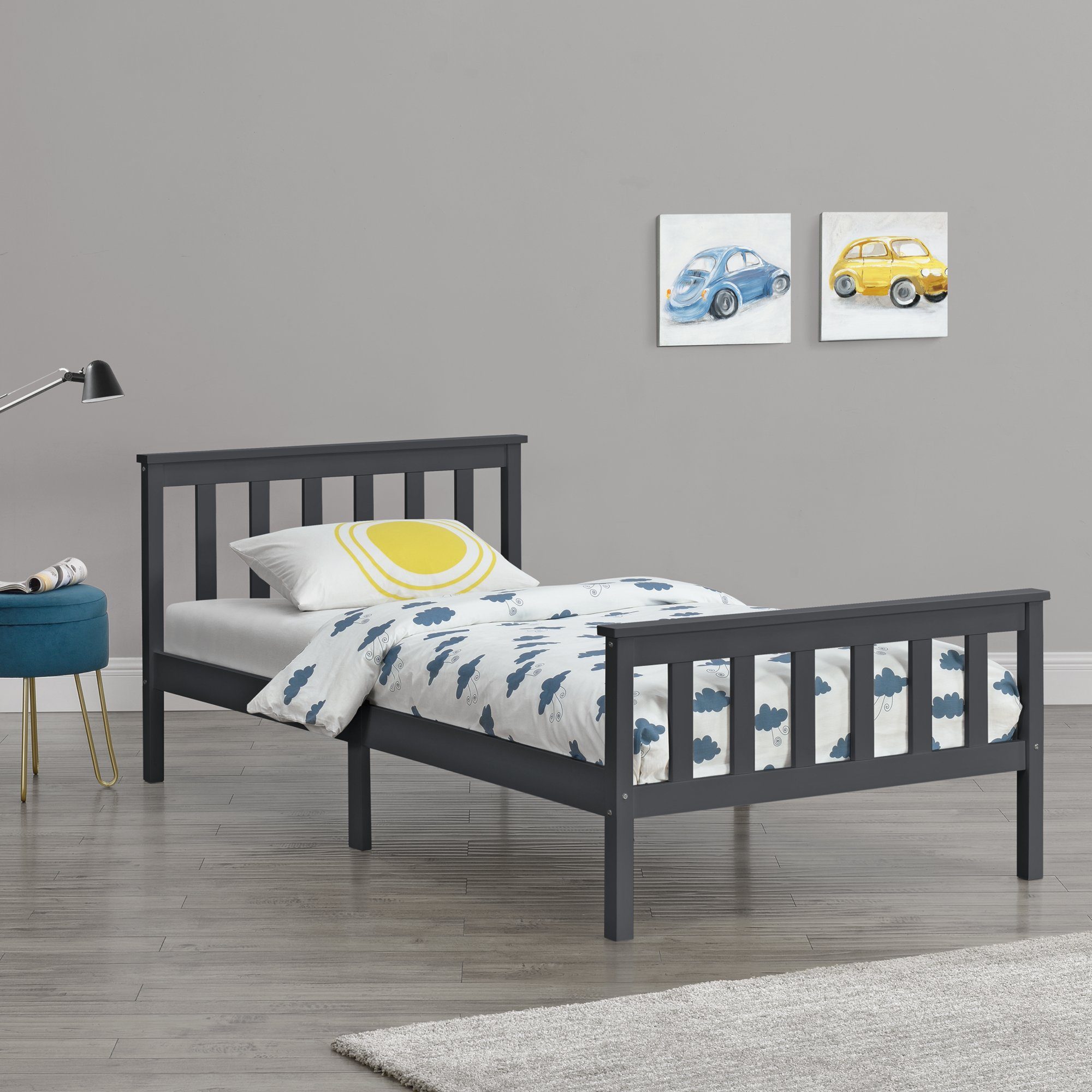 en.casa Holzbett, Breda Gästebett Jugendbett mit Lattenrost 90x200 cm Dunkelgrau