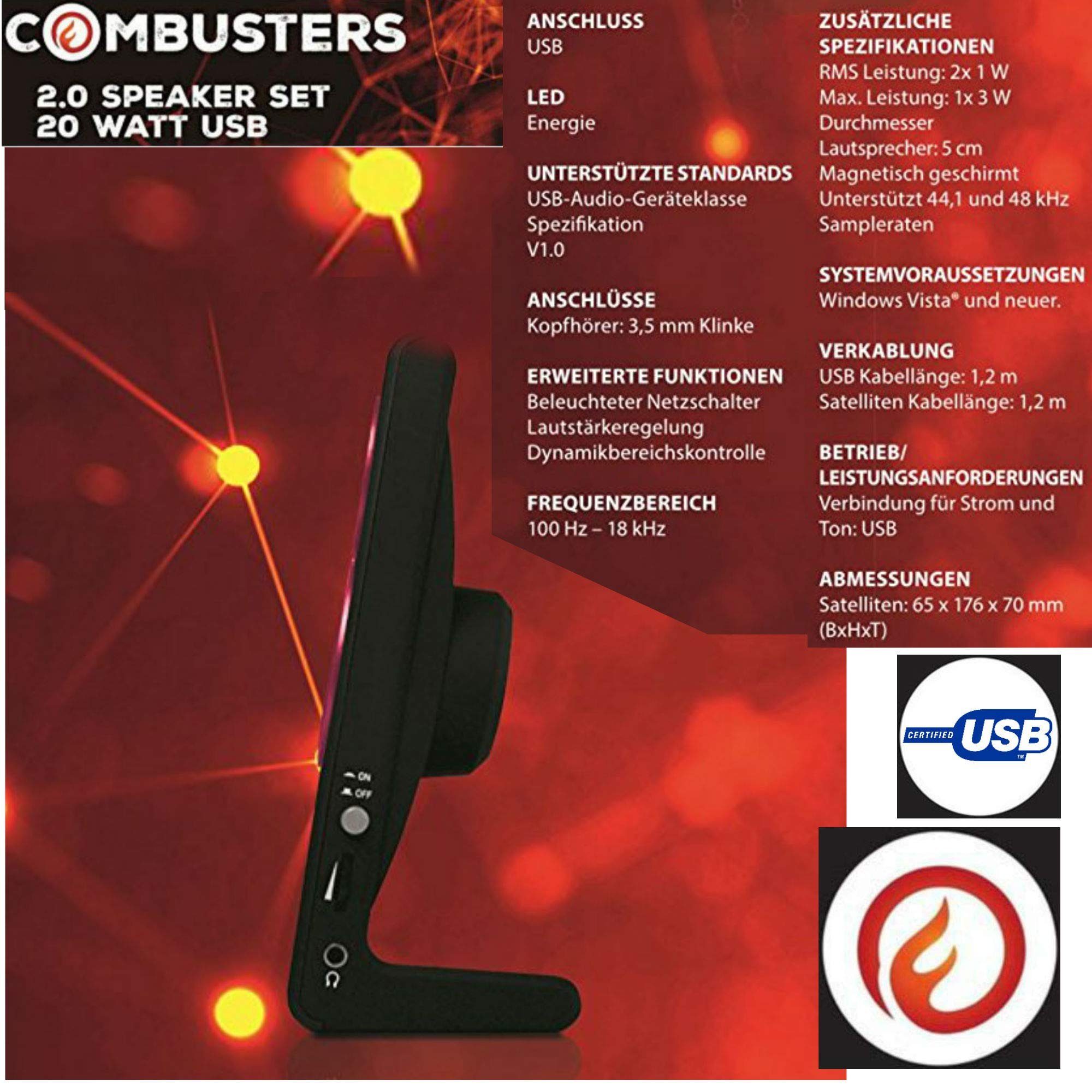 Combusters USB Design Lautsprecher Box Boxen Pc Computer Laptop schwarz rot PC-Lautsprecher