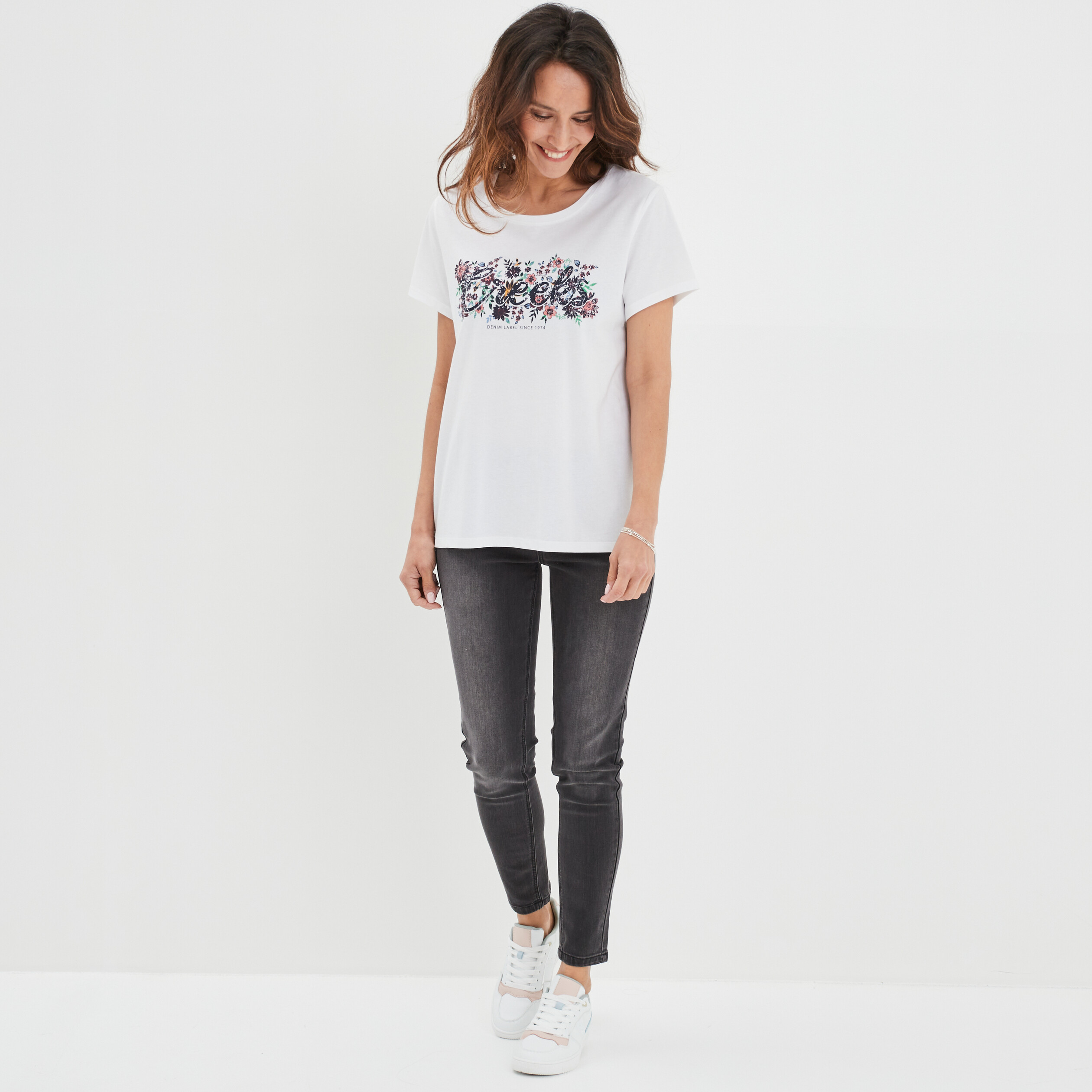 T-shirt ajusté col rond coton Creeks blanc femme | La Halle