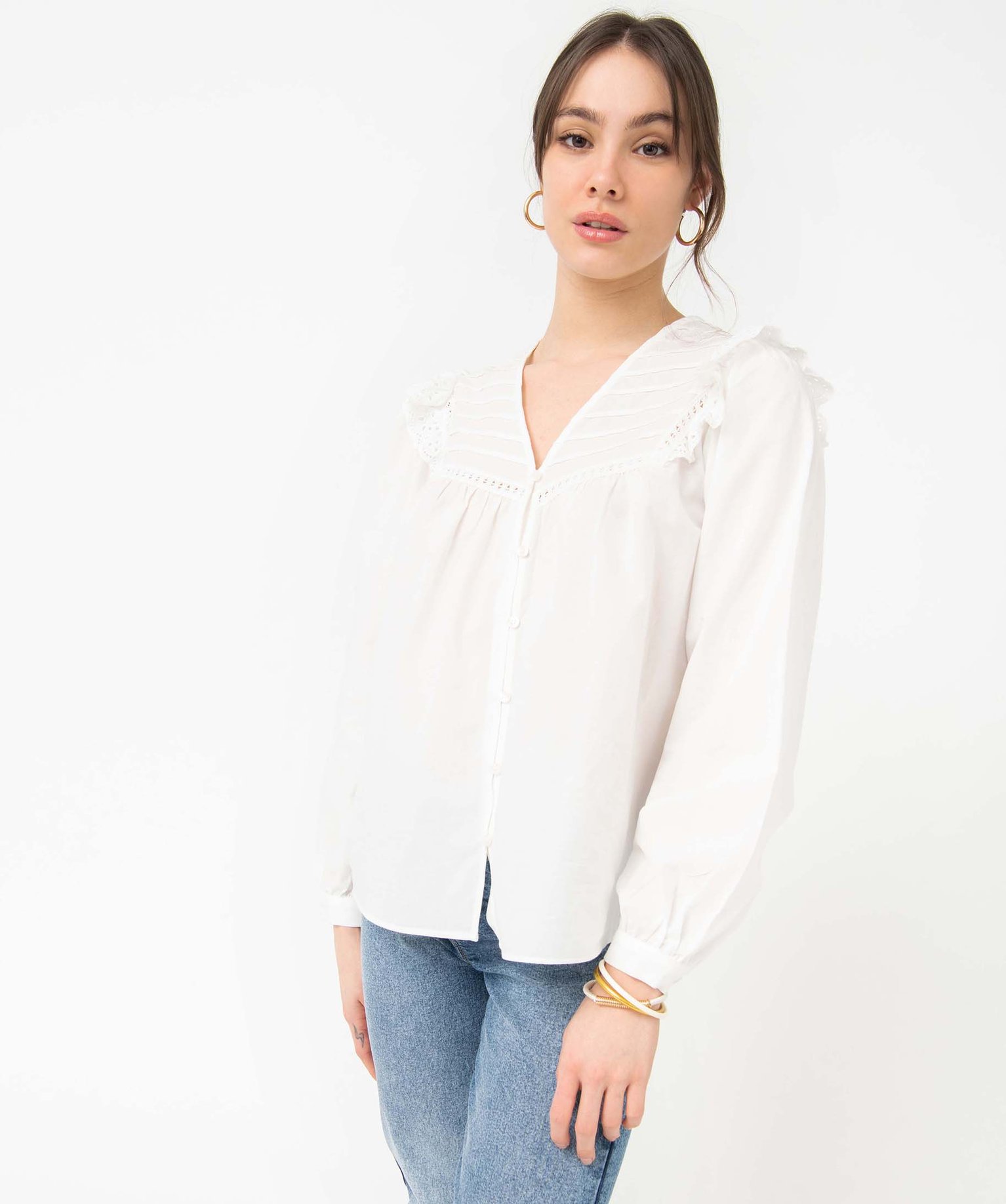 Blouse femme à boutons et plastron dentelle ecru | GEMO